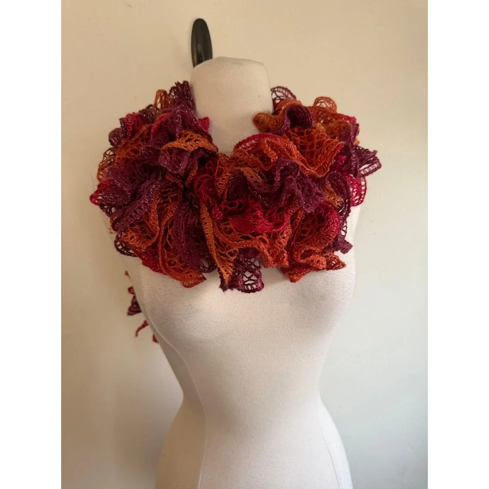 Handmade Crochet Ruffle Scarf Sunset Red Orange Metallic Shimmer Whimsigoth Boho